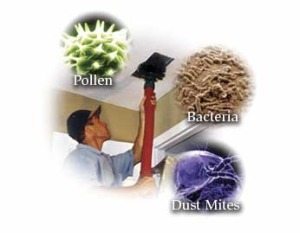 Images of magnified pollen, bacteria, and dust mites around an image of a technician cleaning AC ducts in Alamo Heights, TX