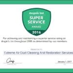 Extreme Air Duct Cleaning And Restoration Services Earns Esteemed 2016 Angie’s List Super Service Award