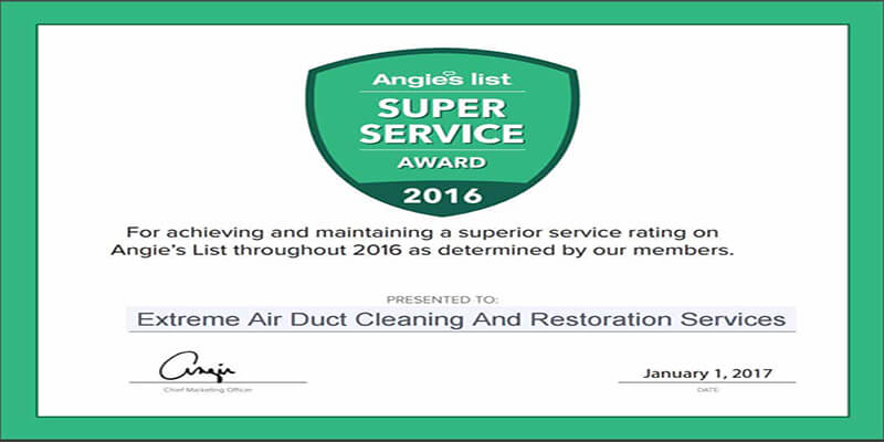 Extreme Air Duct Cleaning And Restoration Services Earns Esteemed 2016 Angies List Super Service Award - Extreme Air Duct Cleaning and Restoration Services