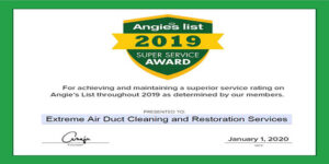 2019 Angies List Super Service Certificate - Extreme Air Duct Cleaning and Restoration Services