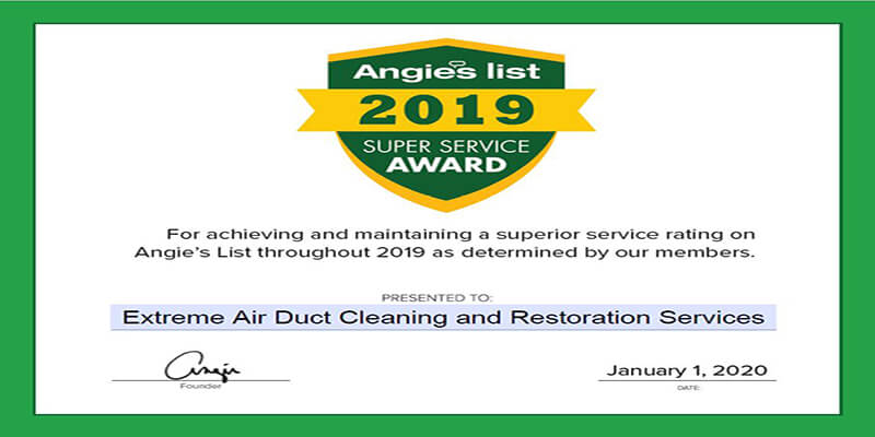 2019 Angies List Super Service Certificate - Extreme Air Duct Cleaning and Restoration Services