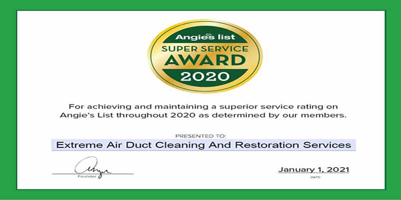 2020 Angies List Super Service Certificate - Extreme Air Duct Cleaning and Restoration Services