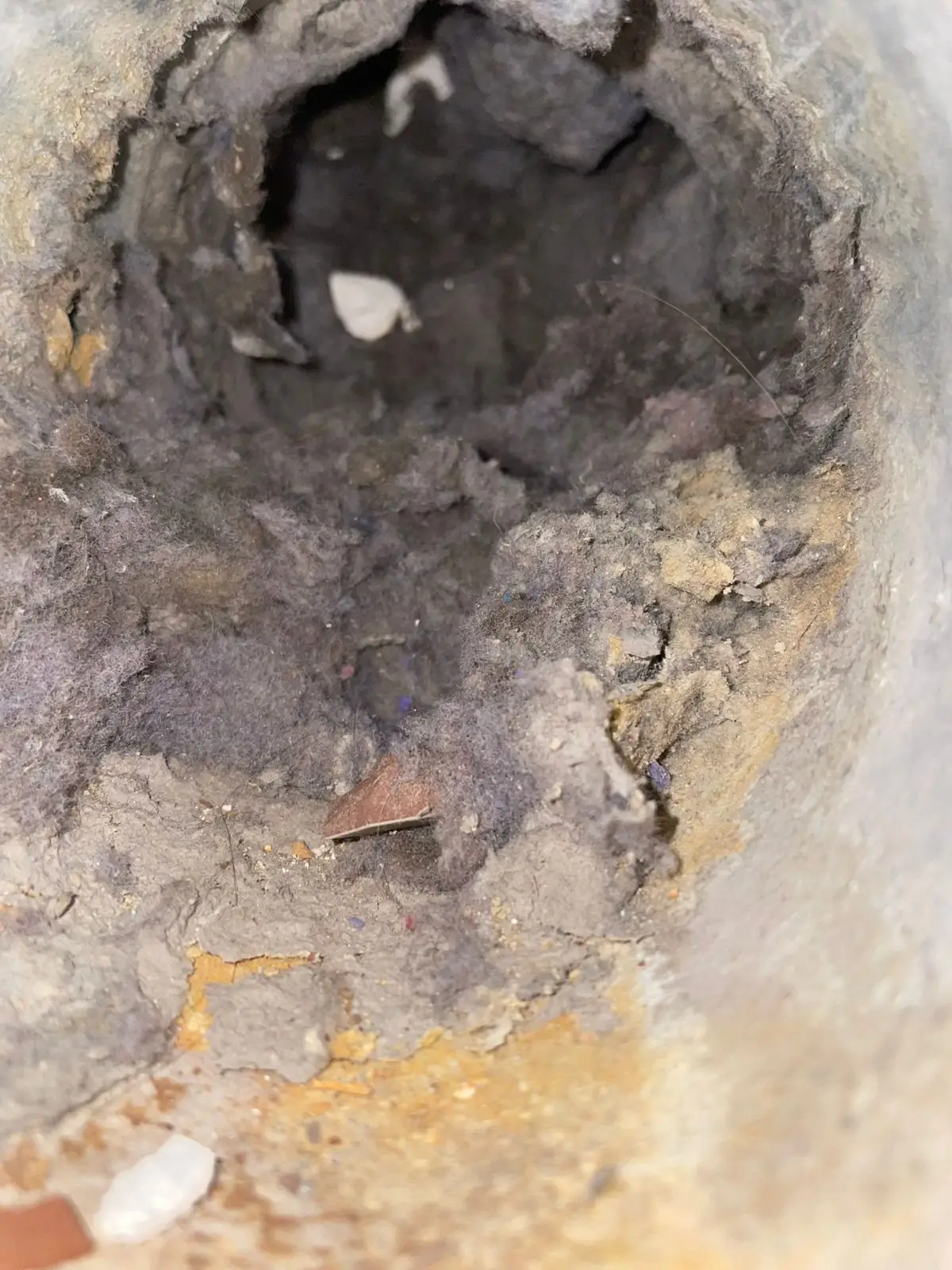 Dryer vent packed with lint and debris before cleaning, Houston condominium