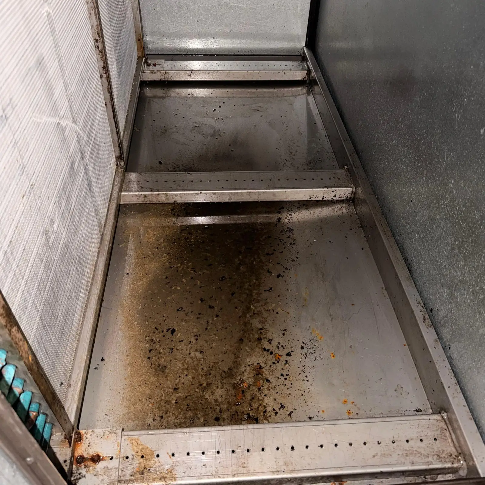 Commercial air handler drain pan full of debris before cleaning in Katy, TX