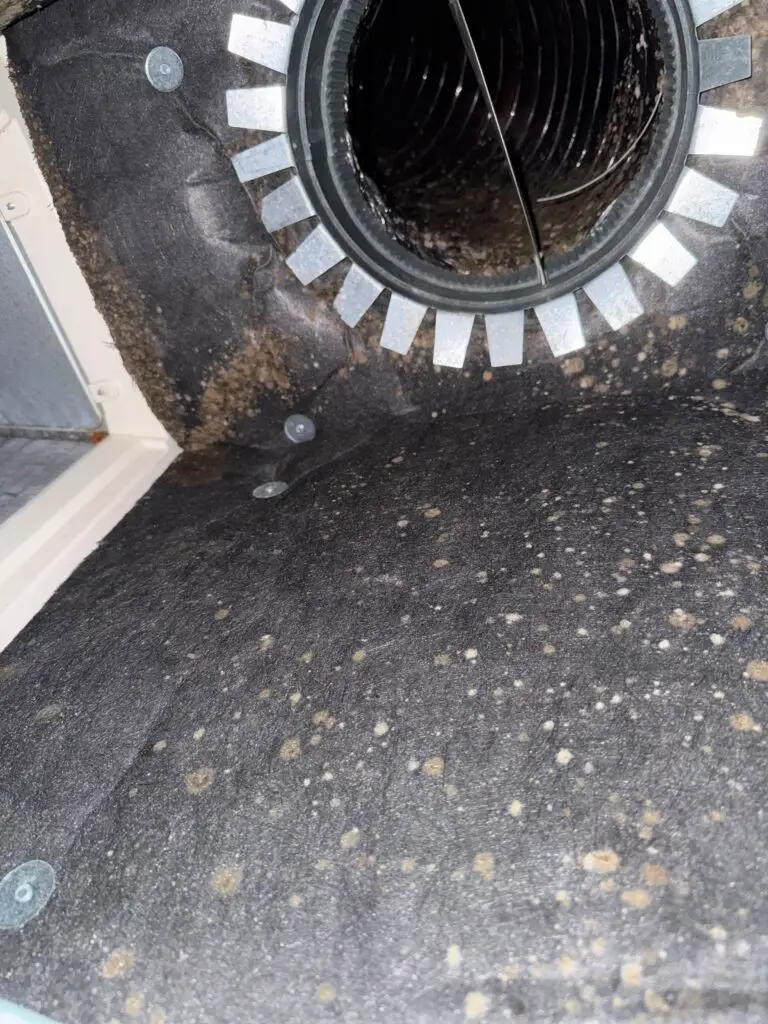 Fiberboard plenum with heavy dust spotting before air duct cleaning in Missouri City, TX