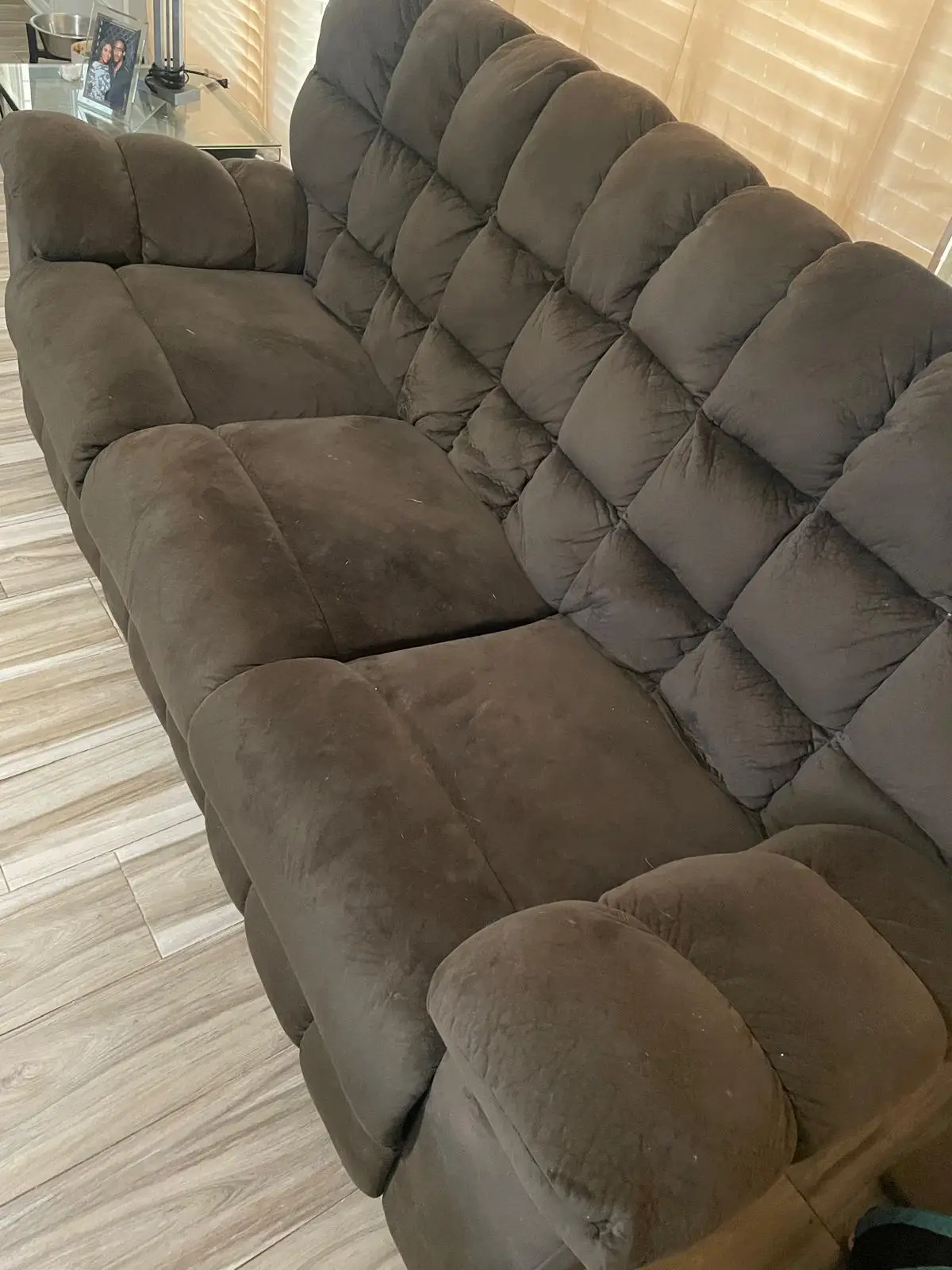 Brown microfiber reclining sofa before professional upholstery cleaning, Katy TX