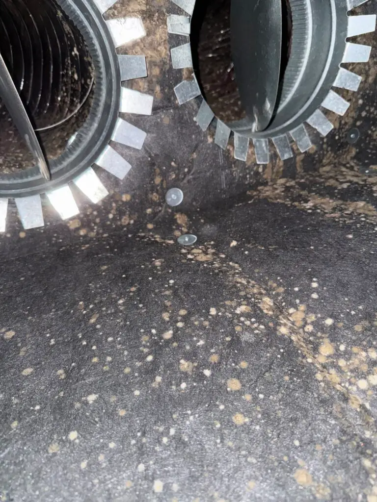 Duct Spotting Inspection Houston, TX Pale spotting across a fiberboard plenum in Missouri City, TX before inspection
