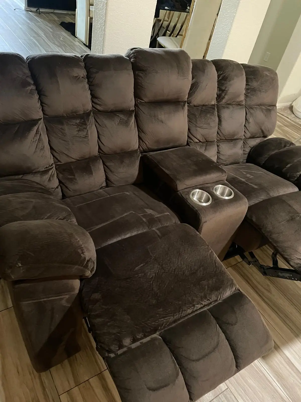 Reclining sofa footrests after professional upholstery cleaning, Katy TX