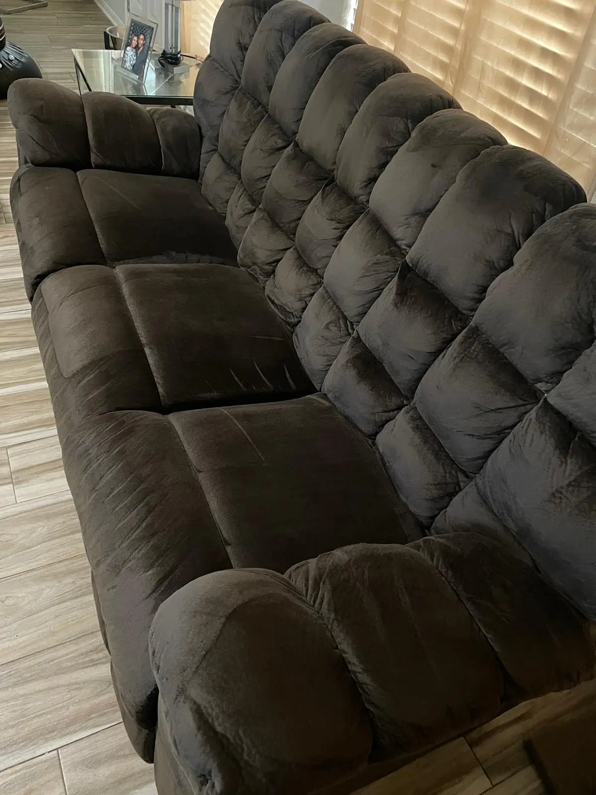 Cleaned brown microfiber reclining sofa after upholstery service in a Katy TX home