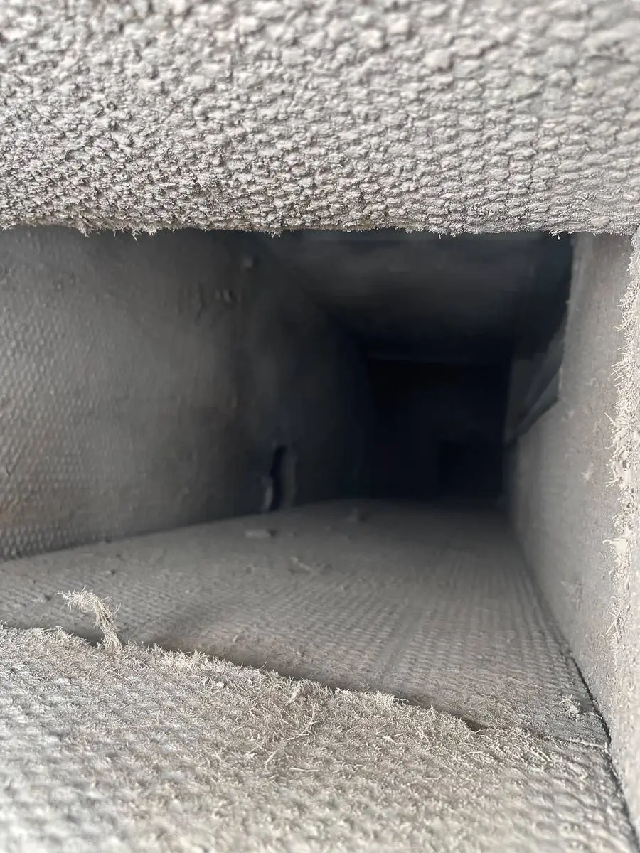 Ductboard supply duct after air washing and HEPA vacuuming in Montrose, Houston 77006